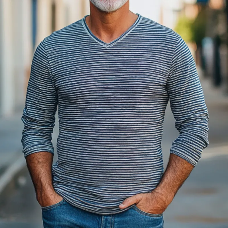Men's Casual Vintage V-neck Striped Cotton Blend Long-sleeved T-shirt 46910465F sold by Manly product image thumbnail 3