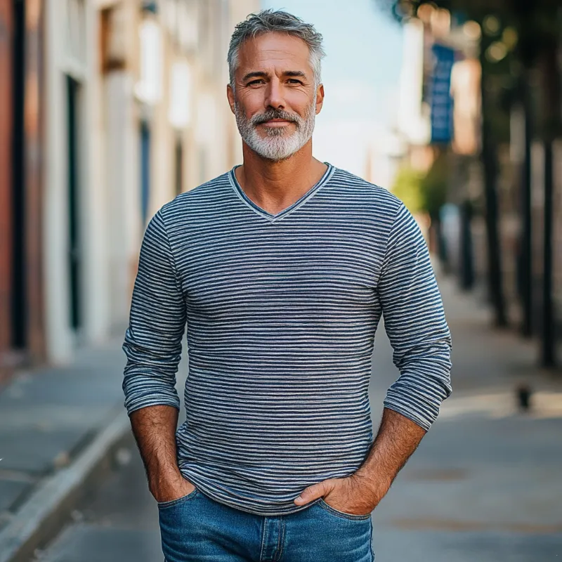 Men's Casual Vintage V-neck Striped Cotton Blend Long-sleeved T-shirt 46910465F sold by Manly product image thumbnail 2