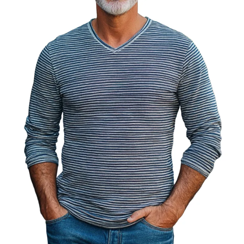 Men's Casual Vintage V-neck Striped Cotton Blend Long-sleeved T-shirt 46910465F sold by Manly