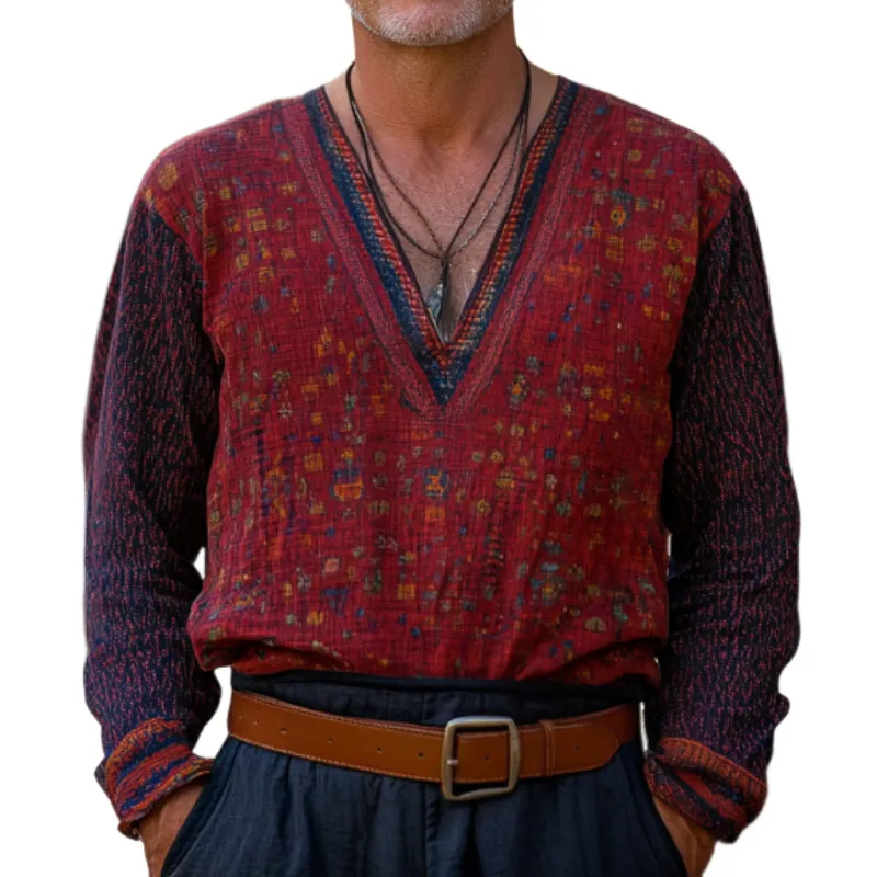 Men's Casual Vintage V-neck Cotton Blend Digital Print Long-sleeved T-shirt 57264295F sold by Manly