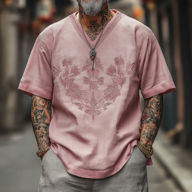 Men's Casual Vintage V-neck Cotton Blend Embroidered Short-sleeved T-shirt 19748884F sold by Manly product image thumbnail 3