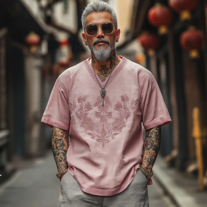 Men's Casual Vintage V-neck Cotton Blend Embroidered Short-sleeved T-shirt 19748884F sold by Manly product image thumbnail 2