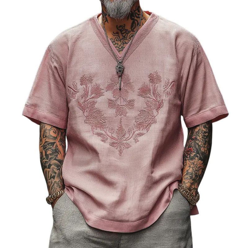 Men's Casual Vintage V-neck Cotton Blend Embroidered Short-sleeved T-shirt 19748884F sold by Manly