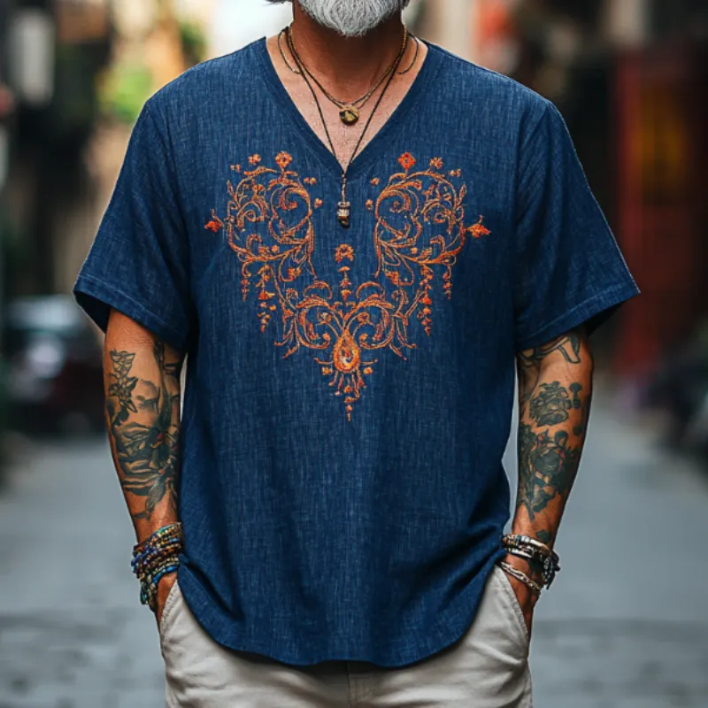 Men's Casual Vintage V-neck Cotton Blend Embroidered Short-sleeved T-shirt 04589235F sold by Manly product image thumbnail 3