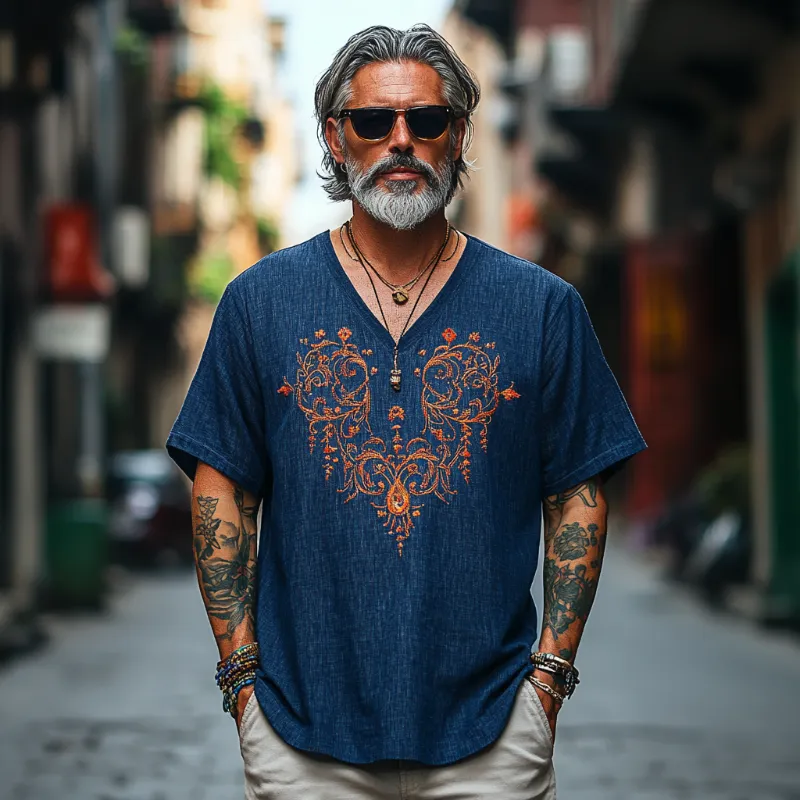 Men's Casual Vintage V-neck Cotton Blend Embroidered Short-sleeved T-shirt 04589235F sold by Manly product image thumbnail 2