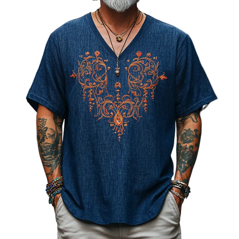 Men's Casual Vintage V-neck Cotton Blend Embroidered Short-sleeved T-shirt 04589235F sold by Manly