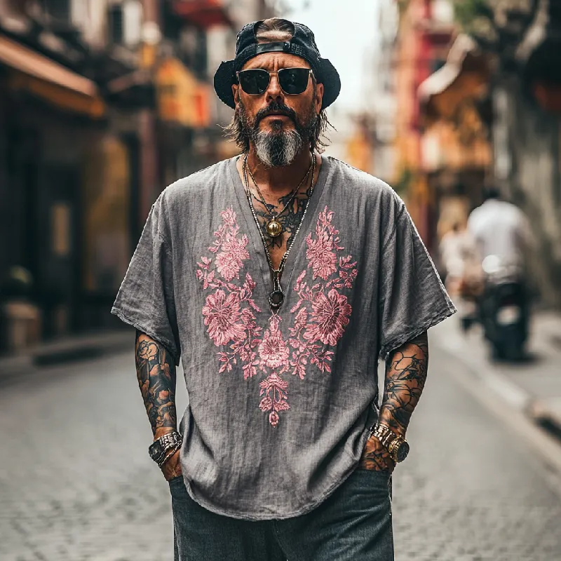 Men's Casual Vintage V-neck Cotton Blend Embroidered Short-sleeved T-shirt 15723148F sold by Manly product image thumbnail 2