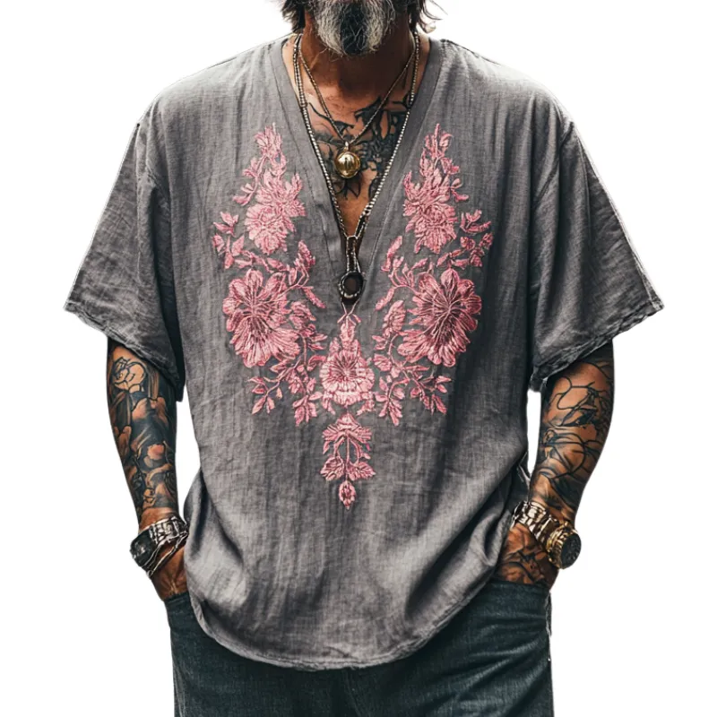 Men's Casual Vintage V-neck Cotton Blend Embroidered Short-sleeved T-shirt 15723148F sold by Manly