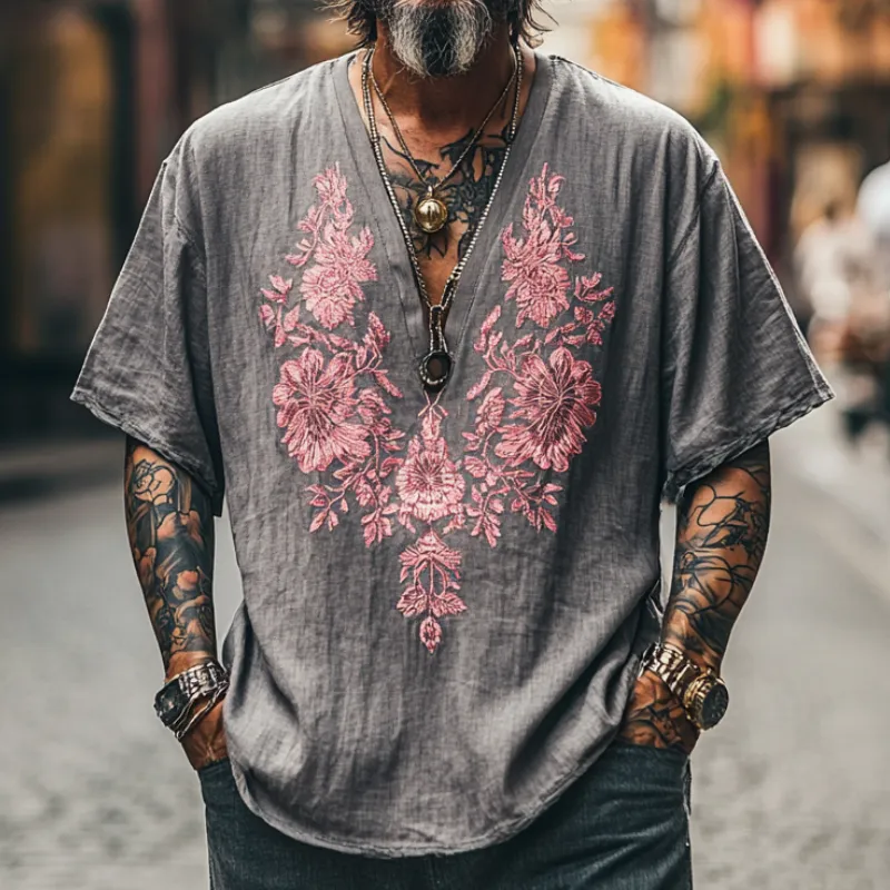 Men's Casual Vintage V-neck Cotton Blend Embroidered Short-sleeved T-shirt 15723148F sold by Manly product image thumbnail 3