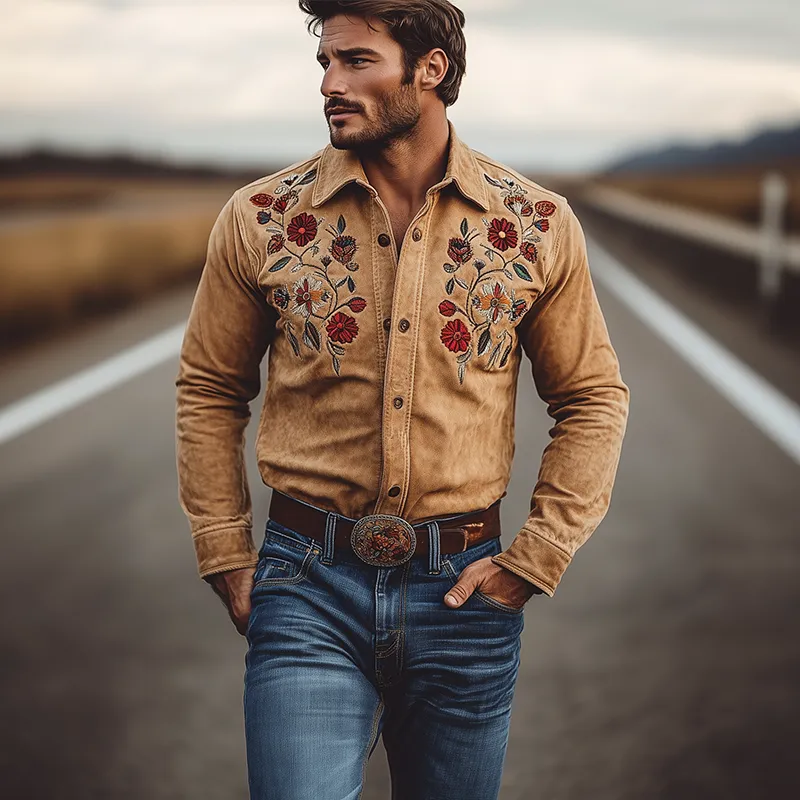 Men's Classic American Retro Western Suede Embroidered Long Sleeve Shirt 19935539K sold by Manly product image thumbnail 2