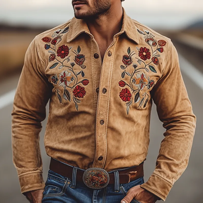 Men's Classic American Retro Western Suede Embroidered Long Sleeve Shirt 19935539K sold by Manly product image thumbnail 3