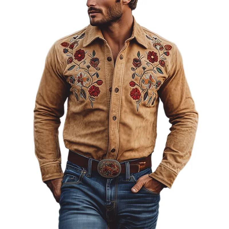 Men's Classic American Retro Western Suede Embroidered Long Sleeve Shirt 19935539K sold by Manly