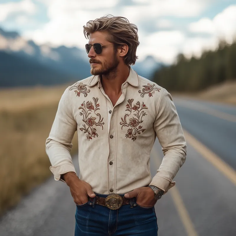Men's Classic American Western Suede Embroidered Long Sleeve Shirt 85822551K sold by Manly product image thumbnail 2