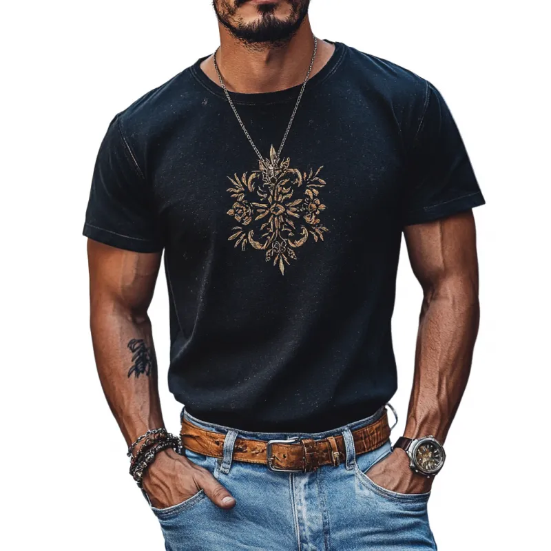 Men's Casual Embroidery Cotton Round Neck Slim Fit Short Sleeve T-shirt 85427801M sold by Manly