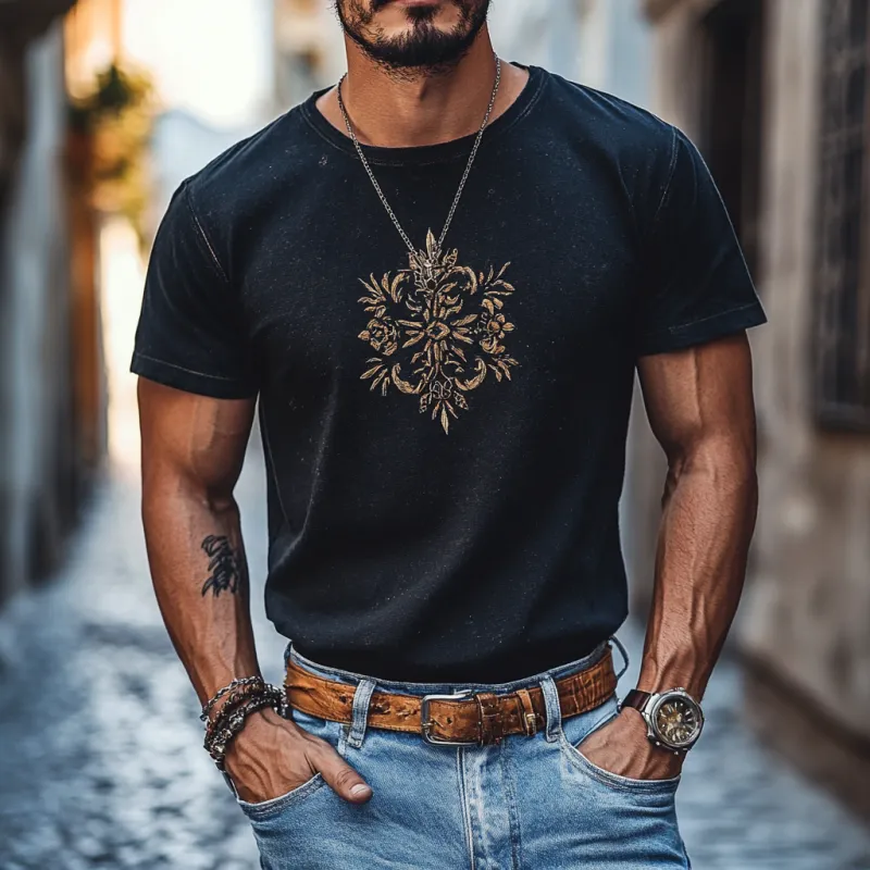 Men's Casual Embroidery Cotton Round Neck Slim Fit Short Sleeve T-shirt 85427801M sold by Manly product image thumbnail 2