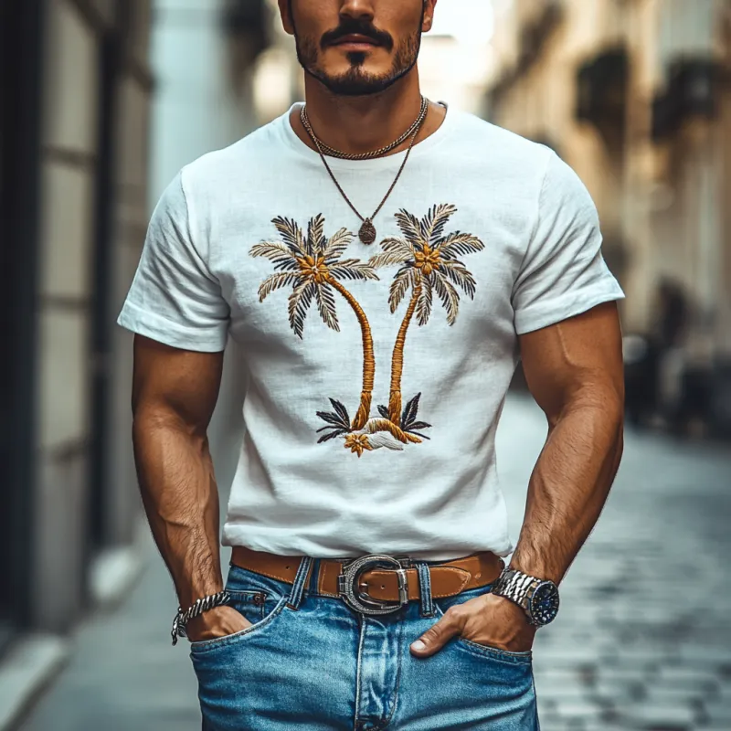 Men's Casual Coconut Tree Embroidery Cotton Round Neck Slim Short Sleeve T-Shirt 99492879M sold by Manly product image thumbnail 2