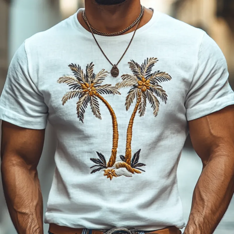 Men's Casual Coconut Tree Embroidery Cotton Round Neck Slim Short Sleeve T-Shirt 99492879M sold by Manly product image thumbnail 3