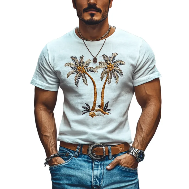 Men's Casual Coconut Tree Embroidery Cotton Round Neck Slim Short Sleeve T-Shirt 99492879M sold by Manly
