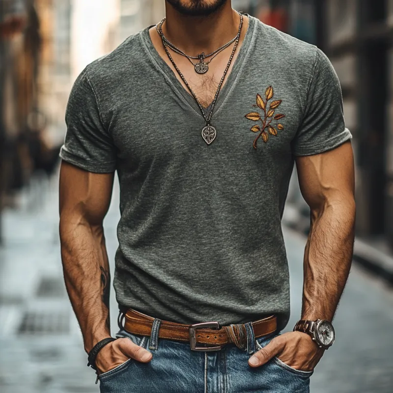 Men's Casual Leaf Embroidery Cotton V-neck Slim Fit Short-sleeved T-shirt 67410062M sold by Manly product image thumbnail 2