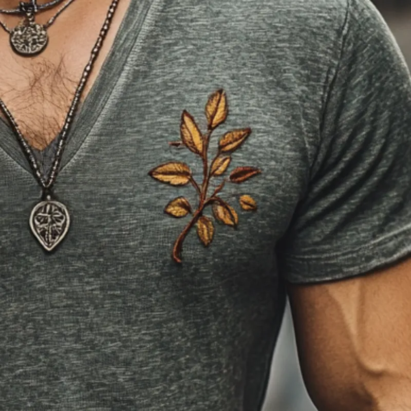 Men's Casual Leaf Embroidery Cotton V-neck Slim Fit Short-sleeved T-shirt 67410062M sold by Manly product image thumbnail 3