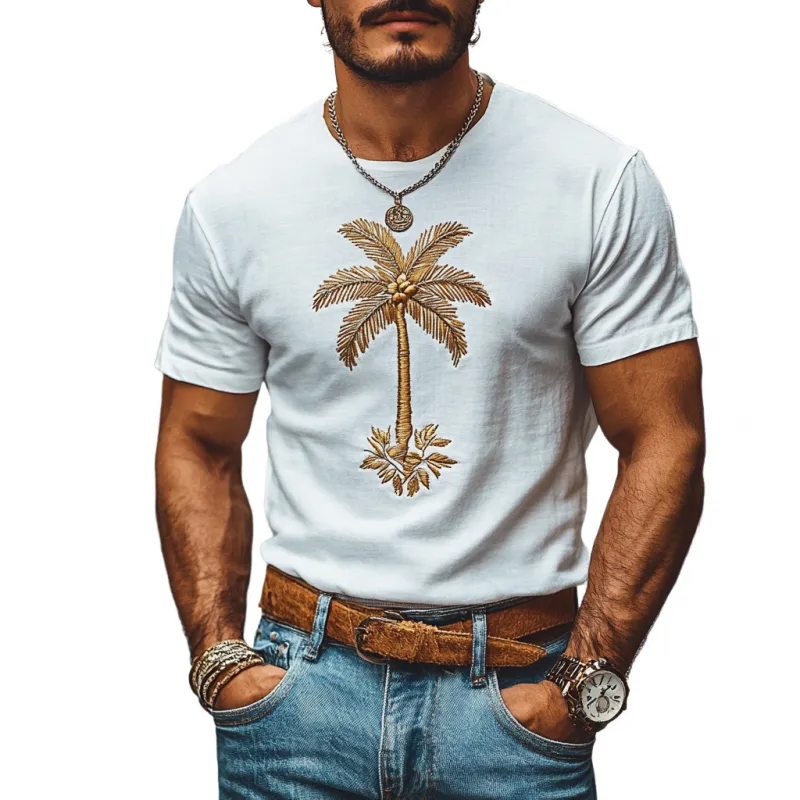 Men's Casual Coconut Tree Embroidery Cotton Round Neck Slim Short Sleeve T-Shirt 90681482M sold by Manly