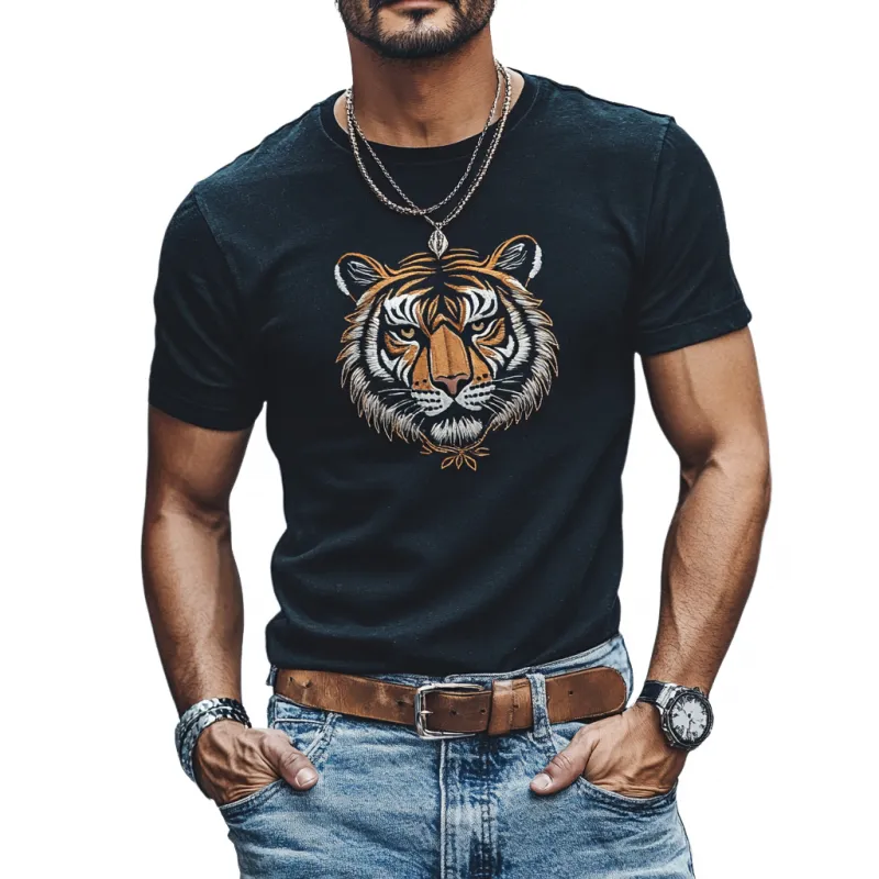 Men's Casual Cotton Tiger Embroidery Round Neck Slim Fit Short Sleeve T-Shirt 02641781M sold by Manly