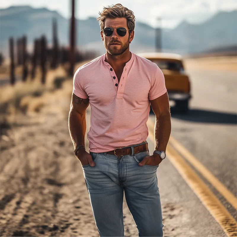 Men's Casual Skin-friendly Slim Fit Henley Collar Bamboo Cotton Short-sleeved T-shirt 97129942K sold by Manly product image thumbnail 2