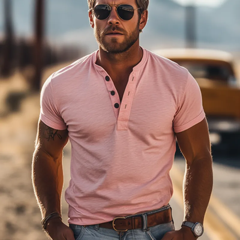 Men's Casual Skin-friendly Slim Fit Henley Collar Bamboo Cotton Short-sleeved T-shirt 97129942K sold by Manly product image thumbnail 3