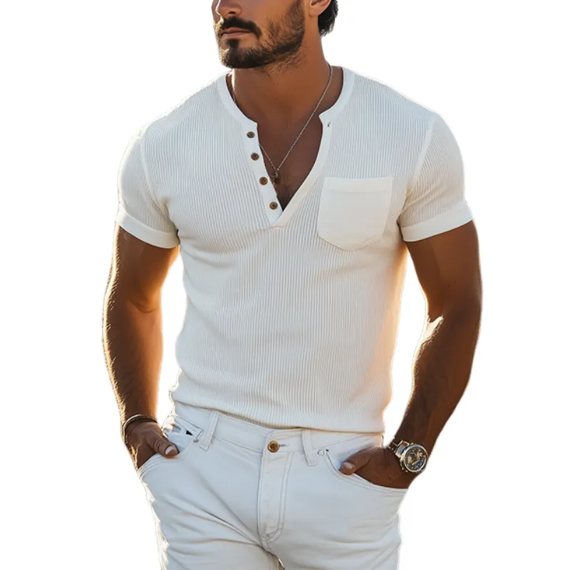 Men's Casual Skin-friendly Slim Fit Henley Collar Short-sleeved T-shirt 05420228K sold by Manly