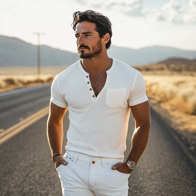 Men's Casual Skin-friendly Slim Fit Henley Collar Short-sleeved T-shirt 05420228K sold by Manly product image thumbnail 2