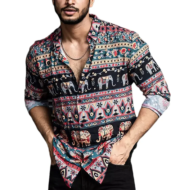 Men's Retro Colorblock Printed Casual Long Sleeve Shirt 01305362U sold by Manly