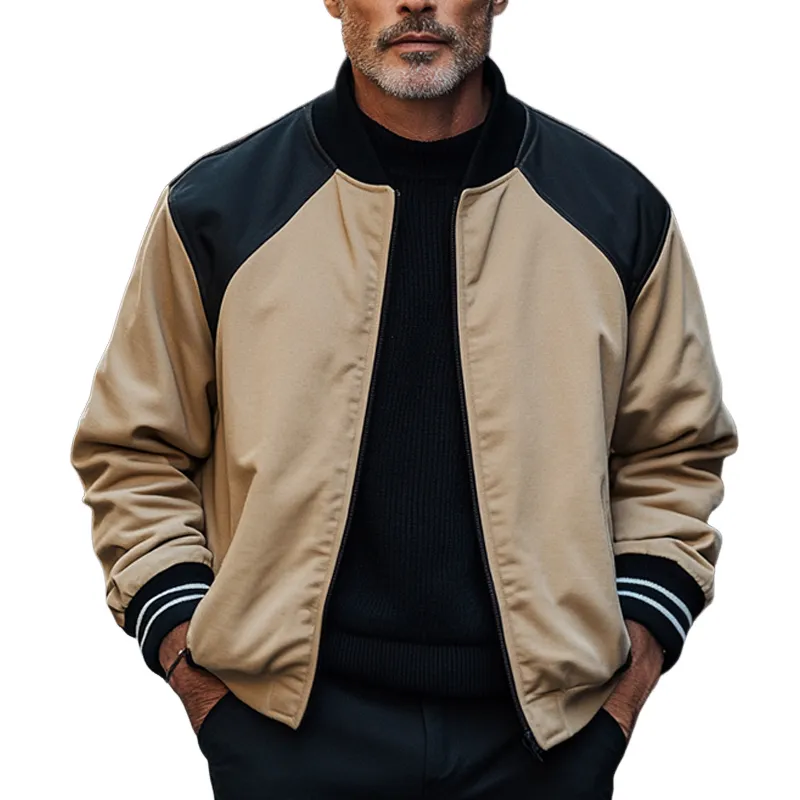 Men's Retro Black Camel Colorblock Zipper Baseball Jacket 26399305U sold by Manly