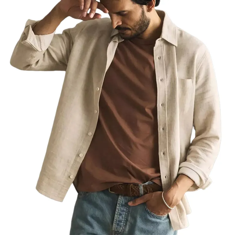Men's Casual Apricot Cotton and Linen Long-sleeved Shirt 70178910U sold by Manly