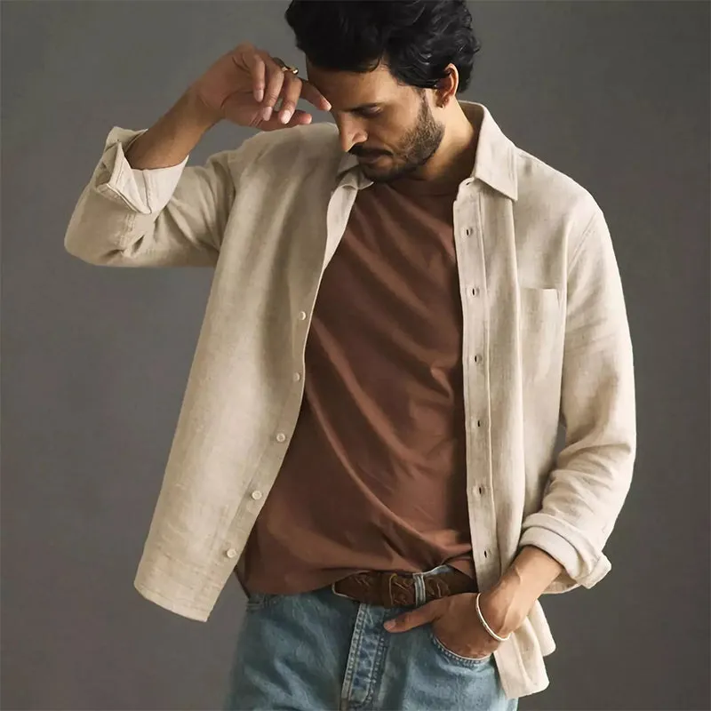 Men's Casual Apricot Cotton and Linen Long-sleeved Shirt 70178910U sold by Manly product image thumbnail 2