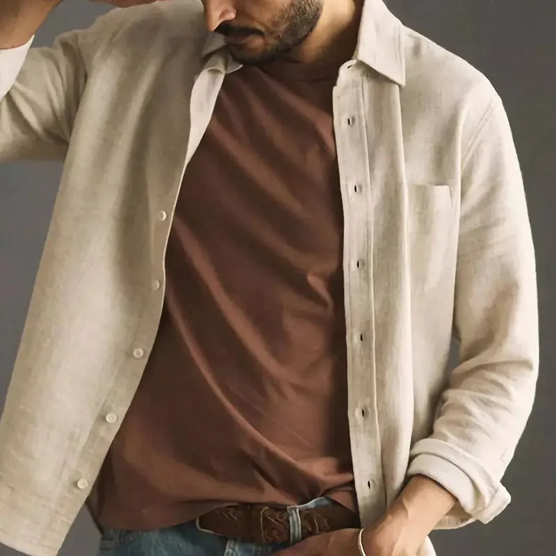 Men's Casual Apricot Cotton and Linen Long-sleeved Shirt 70178910U sold by Manly product image thumbnail 3