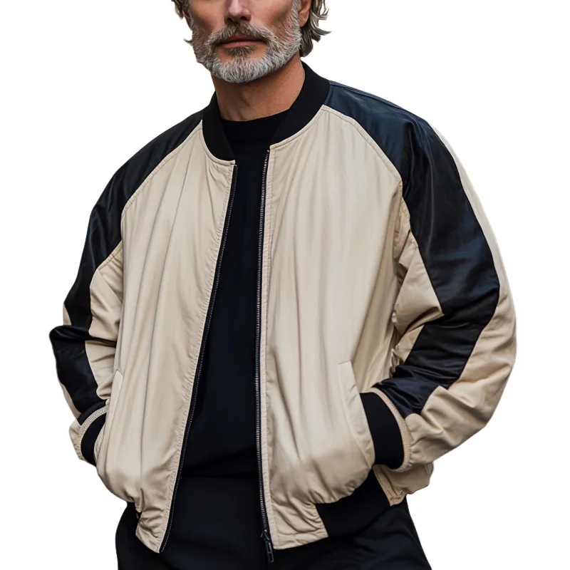 Men's Retro Black Camel Colorblock Zipper Baseball Jacket 25166445U sold by Manly