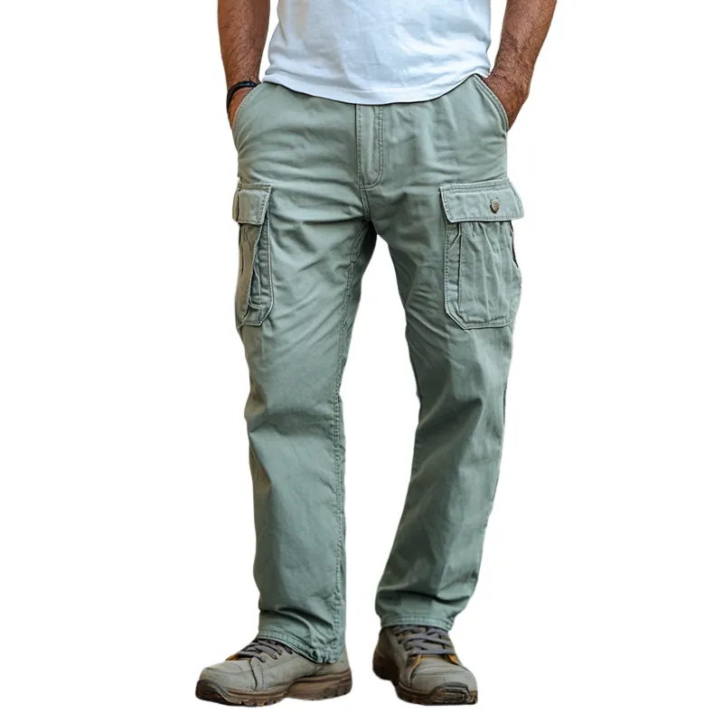 Men's Solid Color Washed Cotton Multi-pocket Straight Cargo Pants 46873536Z sold by Manly