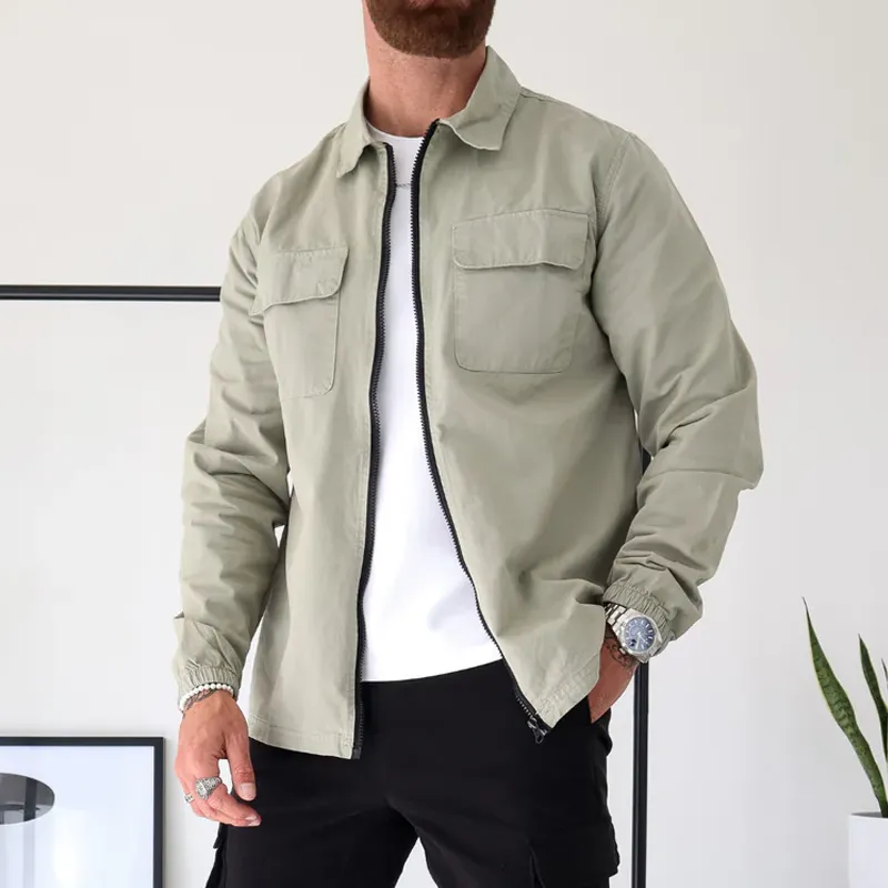 Men's Solid Color Cotton Lapel Chest Pocket Zipper Shirt 37738374Z sold by Manly product image thumbnail 2