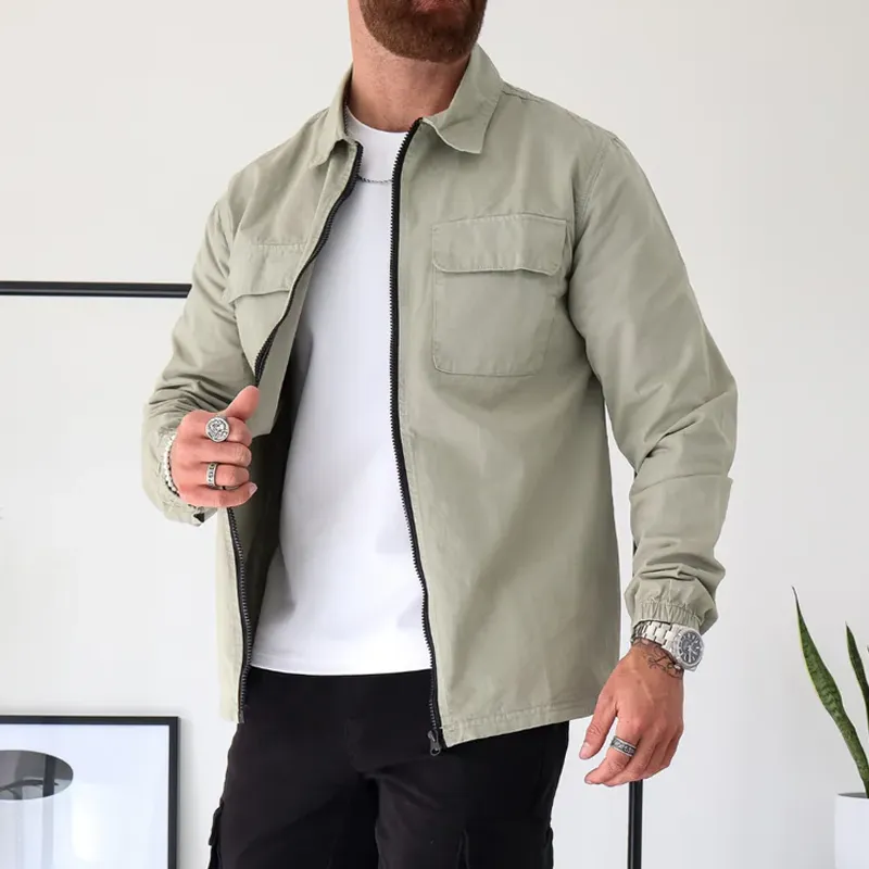 Men's Solid Color Cotton Lapel Chest Pocket Zipper Shirt 37738374Z sold by Manly product image thumbnail 4