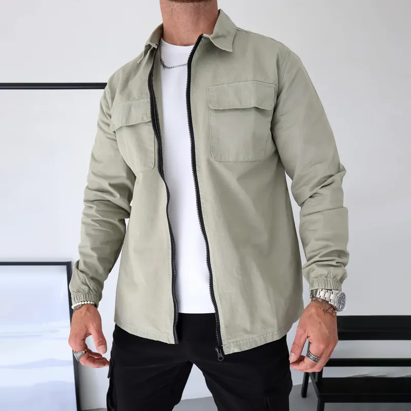 Men's Solid Color Cotton Lapel Chest Pocket Zipper Shirt 37738374Z sold by Manly product image thumbnail 3