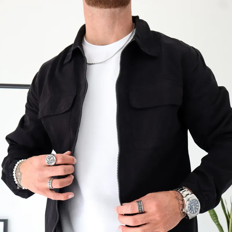 Men's Solid Color Cotton Lapel Chest Pocket Zipper Shirt 11484167Z sold by Manly product image thumbnail 4