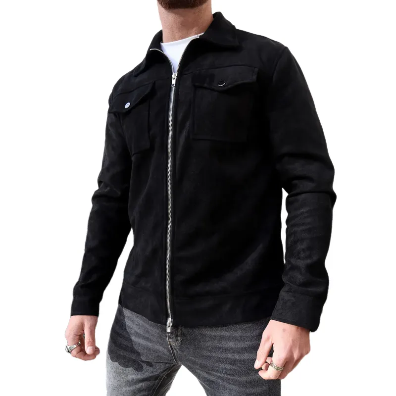 Men's Solid Color Suede Lapel Chest Pocket Zipper Jacket 37068313Z sold by Manly