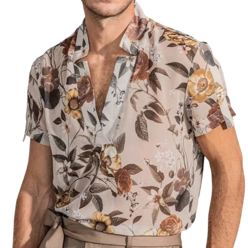 Men's Fashion Casual Retro Printed V-Neck Chiffon Short Sleeve Shirt 84369055K sold by Manly