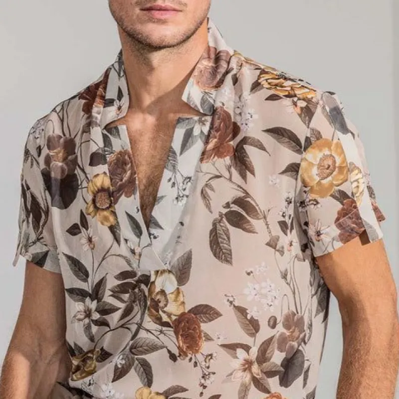 Men's Fashion Casual Retro Printed V-Neck Chiffon Short Sleeve Shirt 84369055K sold by Manly product image thumbnail 2