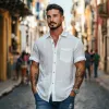 Men's Classic Casual Skin-friendly Silk Cotton Short-sleeved Shirt 47916766K sold by Manly