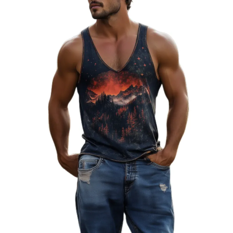 Men's Casual American Retro Yellowstone Park Series Printed Cotton Tank Top 92138881K sold by Manly