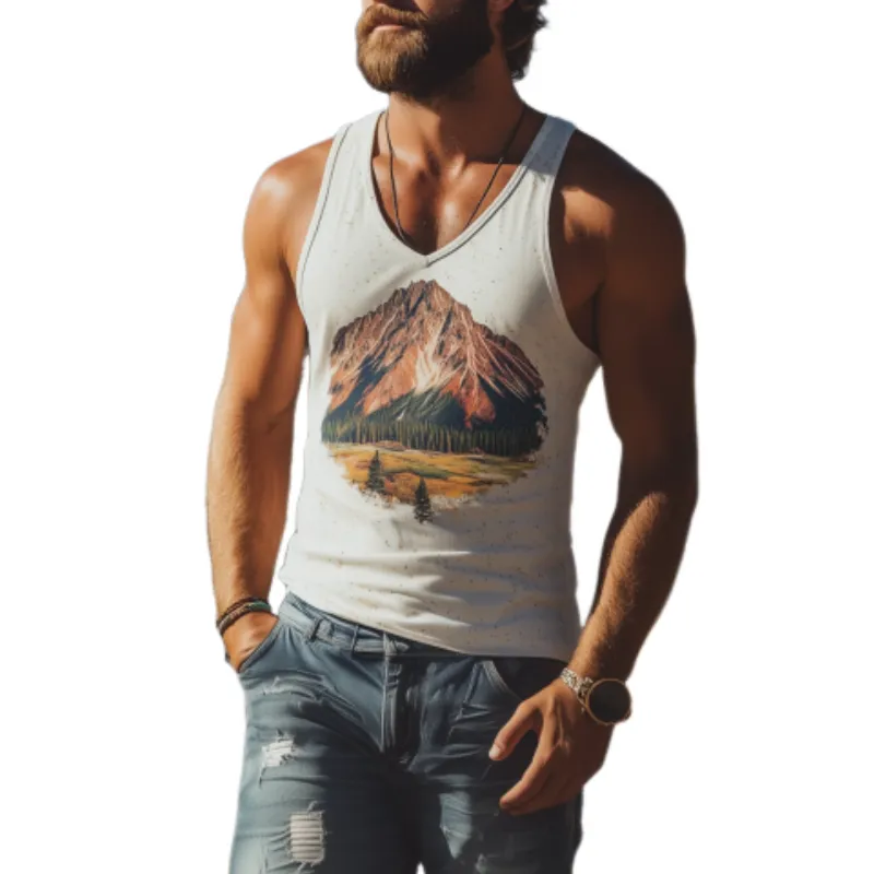 Men's American Retro Yellowstone Park Series Printed V-Neck Cotton Tank Top 19193488K sold by Manly