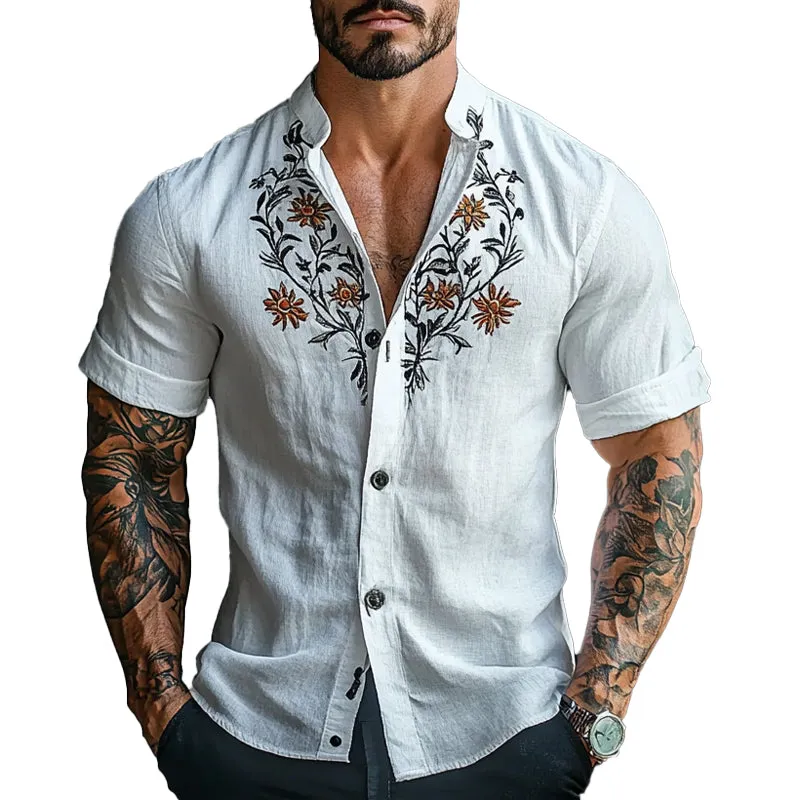 Men's Vintage Embroidered Floral Stand Collar Short Sleeve Shirt 82181339X sold by Manly