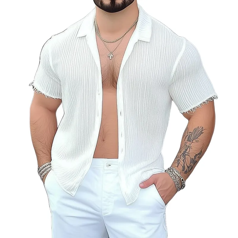 Men's Casual White Ice Silk Wrinkled Short-sleeved Shirt 94971305U sold by Manly
