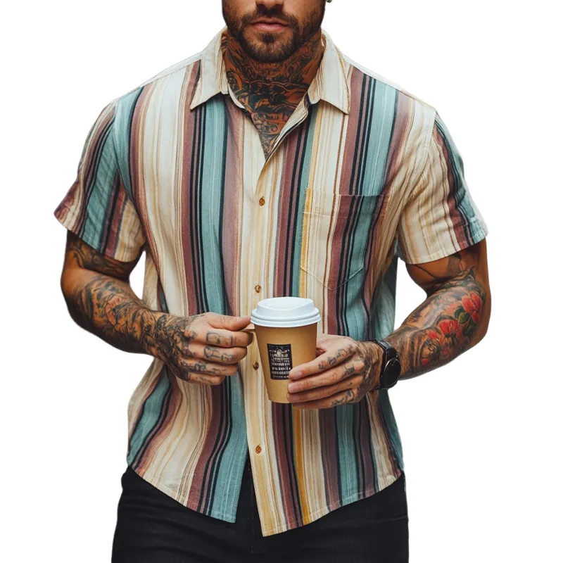 Men's Retro Colorblock Striped Short Sleeve Shirt 66192250U sold by Manly